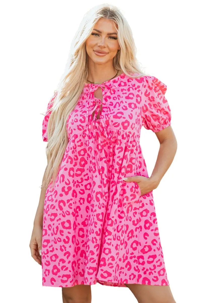 Rose Leopard Puff Sleeve Tie Front High Waist Mini Dress - Love Salve